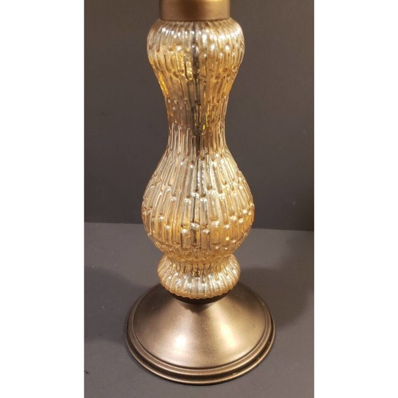 FALL Pillar Candle Holder, Lovely Iridescent Amber Glass & Bronze Metal 12 1/4"! - Picture 2 of 4